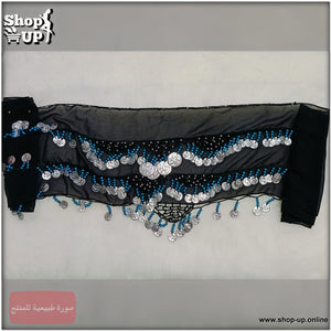حزام رقص شرقي شيفون أسود مزين بخرز أزرق سماوي وعملات معدنية فضية متدلية