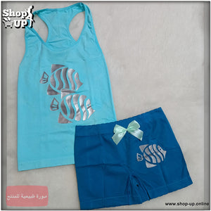 طقم هوت شورت أزرق مع توب حمالات بلون سماوي ورسومات سمكة فضية
