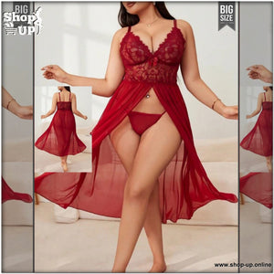 قميص لانجيري مقاس كبير باللون الأحمر النبيذي من الشيفون المفتوح مع دانتيل للصدر.