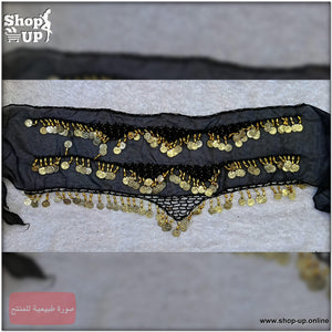 حزام رقص شرقي شيفون باللون الأسود مزين بصفوف من العملات المعدنية الذهبية المتدلية.